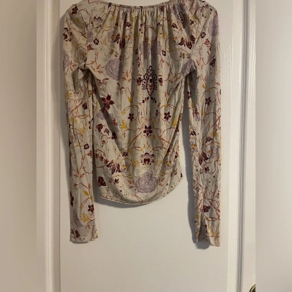 Free People Floral‎ Paisley Tie Front Long Sleeve Top Cream Boho Peasant Large